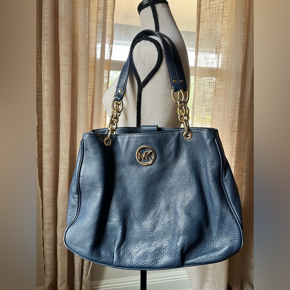 Michael Kors Tote Bag Navy Leather Chain Blue Handbag Ladies